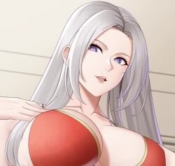 animated aslindsamure bikini bouncing_breasts breasts edelgard_von_hresvelg fire_emblem grey_hair hand_on_own_chest large_breasts long_hair open_mouth purple_eyes red_bikini red_swimsuit sideboob swimsuit tagme video