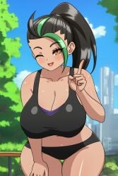 1girls alternate_body_type alternate_breast_size bikini_bottom black_hair blush chubby chubby_female chubby_thighs dark-skinned_female dark_skin eyelashes finger_up freckles green_eyes hand_on_thigh hand_up inner_sideboob large_breasts nemona_(pokemon) outside pokemon pokemon_sv ponytail round_breasts saggy_breasts shiny_skin smile smiling smiling_at_viewer solo solo_female solo_focus sports_bra thick_thighs thigh_gap trees two_tone_hair underwear wink winking winking_at_viewer yellow_eyes yensh