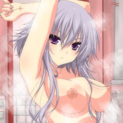 arms_up breasts bust female frown large_breasts long_hair looking_at_viewer nipples purple_eyes sakuya_izayoi short_hair silver_hair solo steam touhou umyonge_(lkakeu)