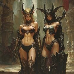 ai_generated armored_female breasts breasts_out darkinea_realm demon demon_female demon_girl demon_horns dungeon female female_focus humanoid light-skinned_female light_skin revealing_clothes slim_waist thick_thighs