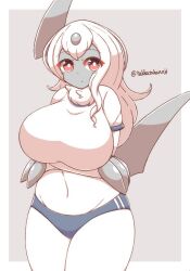 1girls 2023 absol anthro arms_under_breasts big_breasts female female_only generation_3_pokemon long_hair looking_at_viewer nintendo pokemon pokemon_(species) red_eyes solo sportswear takkatakanoji thick_thighs white_hair