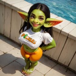 ai_generated black_hair bulge bulge_through_clothing chubby clothed compression_shorts feet flip-flops from_above futanari goblin goblin_futanari goblinenthusiast green_skin hooters hooters_(parody) hooters_uniform large_breasts looking_at_viewer nail_polish outdoors pointy_ears self_upload short_shorts shortstack smile t-shirt thick_thighs tight_shorts