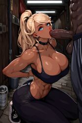 abs ai_generated big_penis black_penis blonde_hair blowjob blue_eyes blush choker cleavage cleavage_overflow cuck_pov dark-skinned_male eyebrows eyelashes eyeshadow fellatio giant_breasts handjob interracial kneeling large_breasts large_penis leggings light-skinned_female long_hair looking_at_viewer majorfluffy mature_female muscular_arms muscular_female muscular_male novelai on_knees penis ponytail red_lips saliva saliva_rope saliva_string swept_bangs tagme tank-top thick_thighs threesome uncut