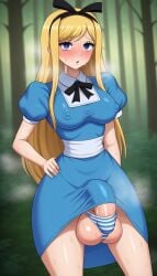 1futa ai_generated alice_in_wonderland alice_liddell big_balls big_penis blonde_hair blue_dress blue_eyes blue_striped_panties blush breasts bulge bulge_through_clothing cock dickgirl dress dress_lift flaccid flaccid_penis forest_background futa_focus futa_only futa_sans_pussy futanari getting_horny hand_on_hip huge_cock light-skinned_futanari nipple_bulge panties penis penis_bulge puckout sweat sweat_fetish sweating sweaty sweaty_balls sweaty_genitalia veiny_penis visible_balls visible_penis visible_penis_shape visible_underwear