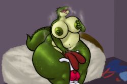 alligator alligatorid animal_crossing anthro bed big_breasts bodily_fluids bottomwear breasts clothing crocodilian duo female furniture genji_(animal_crossing) green_body hi_res jovi_cap lagomorph leporid male male/female mammal nintendo rabbit reptile scalie shorts steam sweat tongue tongue_out white_body