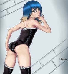 1girls 2025 2d 2d_(artwork) ass ass_focus blue_hair bodysuit digital_drawing_(artwork) eve_(summertime_saga) female female_focus female_only light-skinned_female light_skin pale-skinned_female pale_skin presenting presenting_ass simple_background standing summertime_saga teenage_girl teenager tight_clothing tight_fit two_tone_hair watermark