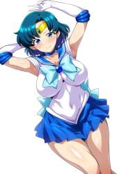 ai_generated ami_mizuno big_breasts bishoujo_senshi_sailor_moon clothing deko hands_behind_head large_breasts peace_sign sailor_mercury skirt tagme