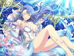 air_bubble armpits bare_legs bare_shoulders bare_thighs big_breasts blue_hair blue_nails blush body_blush bracelet breasts cleavage closed_eyes detached_sleeves dress feet_out_of_frame hair_ornament jewelry long_hair marvelous nachi_(senran_kagura) nail_polish necklace official_art open_mouth pendant senran_kagura senran_kagura_new_link shiny_skin sitting smile thighs underwater yaegashi_nan