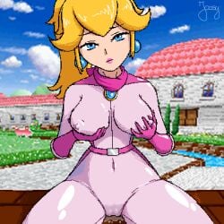 1girls blue_eyes breasts female fondling_breast joosy joosycupcake mario_(series) mario_kart nintendo princess_peach racer_peach tight_clothing wet wet_clothes wet_pussy