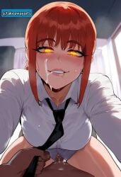 1girls ai_generated blush breasts chainsaw_man cowgirl_position cum cum_on_face facial female glowing_eyes looking_at_viewer makima_(chainsaw_man) necktie necktie_pull pov pussy red_hair riding_penis sex smile takeaway thiccwithaq_(ai_style) uncensored vaginal_penetration yellow_eyes