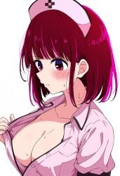 ai_assisted arima_kana blush breasts cleavage closed_mouth clothes_pull collarbone embarrassed jei_games medium_breasts nail_polish no_bra nurse_cap nurse_uniform open_clothes oshi_no_ko pink_nails red_eyes red_hair short_hair sweatdrop