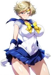 1girl 1girls 2024 2024s ai_generated big_breasts bishoujo_senshi_sailor_moon blonde blonde_female blonde_hair blonde_hair_female blue_eyes blue_skirt breasts clothed clothing deko female female_focus female_only hair haruka_tenou huge_breasts large_breasts sailor_collar sailor_uniform sailor_uranus short_hair simple_background skirt thick_thighs thighs white_background wide_hips