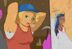 armpit_fetish cave gagged micro mr—spoon nessa_(pokemon) pickaxe pokemon pokemon_ss rurina_(pokemon) sweat sweatdrop sweating sweaty_armpits sweaty_body tape_gag taped_mouth worker_(pokemon_ss)