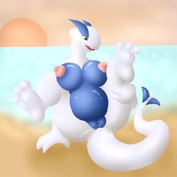 anthro beach breasts color female female_only flygon_(artist) lugia nipples nude outdoors pokemon pokemon_(species) sitting solo tagme vulva yaita