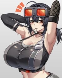 1girls armpits big_breasts black_hair blush breasts camui_kamui_(hz_666v) clothed from_side grace_howard hands_behind_head hoyoverse huge_breasts light-skinned_female light_skin looking_at_viewer mihoyo orange_eyes ponytail red_eyes smile smiling smiling_at_viewer stretching sweat sweatdrop sweating tagme wet wet_body zenless_zone_zero