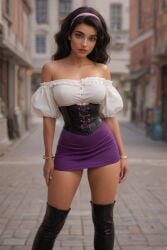 ai_generated bare_shoulders black_hair blurry blurry_background blurry_foreground boots breasts building collarbone cosplay_photo dark-skinned_female depth_of_field disney esmeralda female hairband jewelry lips long_hair looking_at_viewer makeup medium_breasts motion_blur outdoors photo_(medium) photo_background photorealistic qbinr realistic self_upload skirt solo standing thighhighs