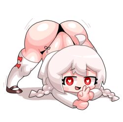 ass ass_up big_ass big_head black_shoes bow_ribbon chibi female female_focus hand_sign heart heart-shaped_pupils huge_ass jack-o&#039;_pose jack-o_pose jackochallenge long_hair movement_lines peace_sign red_eyes round_head shaking shaking_butt shiny shiny_hair shiny_skin shoes shortstack simple_background socks thighhighs thighs thong twin_braids warma white_background white_hair white_socks white_thighhighs