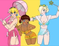 3girls breasts clothing female mario_(series) nintendo orange_shorts princess_daisy princess_peach princess_rosalina