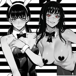 ai_generated areolae blush breasts bunny_ears bunnysuit chainsaw_man covering_breasts lilianaa mitaka_asa monochrome navel nipple_pasties pasties red_eyes reverse_bunnysuit sweat yoru_(chainsaw_man)