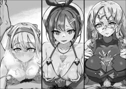 3girls :>= absurdres atelier_(series) atelier_ryza atelier_ryza_1 bar_censor beret bra breasts censored commentary_request crossed_bangs cum cum_on_body cum_on_breasts frown greyscale hair_between_eyes hair_ornament hairband hairclip hat heart heart-shaped_pupils highres jewelry klaudia_valentz large_breasts lila_decyrus long_hair male_pubic_hair monochrome multiple_girls nb2kyfv8vhie06g necklace paizuri paizuri_over_clothes penis pubic_hair reisalin_stout short_hair smile star_(symbol) star_necklace straight strap_slip symbol-shaped_pupils underwear