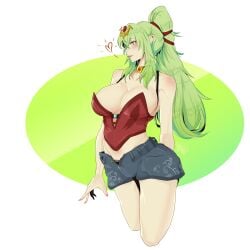 1girls alternate_costume big_breasts black_panties cleavage female fire_emblem fire_emblem_awakening green_eyes green_hair large_breasts nintendo panties ponytail shorts solo tiki_(adult)_(fire_emblem) tiki_(fire_emblem) underwear vialnite