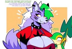 ai_generated anthro avian big_breasts bird blush breasts canid canine canis cleavage cleavage_cutout clothed clothing collar duo ear_piercing ear_ring eyebrows eyelashes eyeshadow female five_nights_at_freddy's five_nights_at_freddy's:_security_breach fur generation_5_pokemon green_hair hair hellsonger hi_res highlights_(coloring) huge_breasts jewelry lipstick long_hair looking_at_another makeup male mammal multicolored_hair nintendo piercing purple_body ring_piercing roxanne_wolf_(fnaf) scottgames simple_background size_difference smile snivy spiked_collar spikes text topwear white_hair wolf yellow_eyes