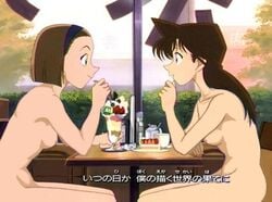 2girls blue_eyes breasts brown_hair detective_conan female hairband human large_breasts long_hair multiple_girls nipples nude pale-skinned_female pale_skin ran_mouri short_hair sitting sonoko_suzuki tagme