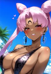 ai_generated beach big_breasts bishoujo_senshi_sailor_moon black_dress black_lady black_moon blush bun_hair chibi_usa deko glossy_lips lip_gloss looking_at_viewer medium_breasts pink_hair pink_hair_female sling_bikini slingshot_swimsuit swimsuit tan_skin