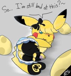 bedroom_eyes blush bodily_fluids bow_ribbon clothing cum cum_in_vagina cum_inside dipstick_ears ear_markings egg female feral generation_1_pokemon genital_fluids genitals hair heart_eyes heart_symbol legwear markings mary_ampari_(professorpikachu) multicolored_ears narrowed_eyes nintendo open_mouth paws pikachu pokemon pokemon_(species) presenting seductive simple_background solo stockings tail tail_markings text tmkirby torn_clothing vulva