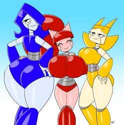 2024 3girls big_ass big_breasts blue_background blue_body blue_hair closed_eyes deviantart huge_ass huge_breasts red_body red_hair robot_girl smiling_at_viewer tagme tetraknight thick_ass thick_thighs yellow_body yellow_hair