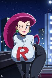 ai_generated bent_over blue_eyes jeans jessie_(pokemon) large_breasts magenta_hair mature_female milf pokemon team_rocket villainess wide_hips winking_at_viewer