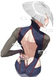 a.k.i. aroused aroused_face bare_back big_ass blush bob_cut chinese_clothes embarrassed grey_hair long_nails looking_at_viewer looking_back red_eyes slim_waist smiling sss_ookoku street_fighter_6 sweating thick_ass thick_thighs wet_body white_hair wide_hips yandere