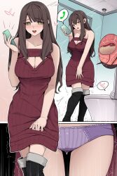 1girls black_boots blush boots breasts brown_hair cleavage dress green_eyes have_to_pee internal_view kokomachi long_hair on_the_phone open_mouth original panties phone purple_panties restroom restroom_stall solo solo_female toilet underwear x-ray