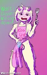 apron apron_lift artist_name black_nails chastity_cage chastity_device deltarune femboy femboy_only furry furry_only ghost_hands horns male_only naked_apron pink_background pink_clothing pink_eyes ralsei simple_background sirensongsart small_fangs small_horns text undertale