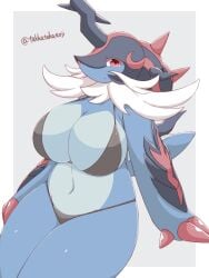 1girls 2022 anthro big_breasts bikini female female_only generation_8_pokemon hisuian_form hisuian_samurott looking_at_viewer nintendo pokemon pokemon_(species) red_eyes regional_form_(pokemon) samurott solo takkatakanoji thick_thighs