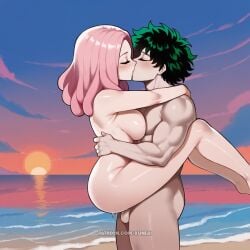 1boy ai_generated artist_name ass beach blush boku_no_hero_academia breast_press breasts closed_eyes cloud female green_hair hatsume_mei izuku_midoriya kissing large_breasts mei_hatsume midoriya_izuku my_hero_academia nude ocean outdoors penis pink_hair sand sex sky straight sunset water xuneai