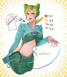 1girls anapple belly breasts clothed clothed_female eyes female female_focus female_only green_hair green_hair_female green_lips green_nails green_pants green_topwear hair jojo's_bizarre_adventure jolyne_kujo light-skinned_female light_skin lips nails navel pants solo solo_female solo_focus stomach strip_game thighs topwear tummy undressing waist