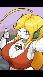 1boy 1boy1girl alternate_version android_girl antenae big_breasts big_breasts black_tank_top blonde_hair blue_eyes cave_story curly_brace cute disinterested female giantess green_skin micro micro_in_cleavage quote_(cave_story) red_gloves red_hat red_pantsu red_tank_top robot robot_antenna robot_boy selfie stuck_in_body tagme tank_top thumbs_up variant white winking winking_at_viewer zedrin