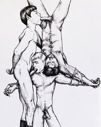 bondage bound_penis bound_together closed_eyes erect_nipples erection fellatio gay interspecies james_t._kirk leonard_mccoy male male_only malesub multiple_boys multiple_subs nude penis pointed_ears restrained spock spread_eagle star_trek suspension threesome tripperfunster upside_down yaoi