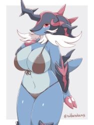 1girls 2022 anthro big_breasts bikini female female_only generation_8_pokemon hisuian_form hisuian_samurott looking_at_viewer nintendo pokemon pokemon_(species) red_eyes regional_form_(pokemon) samurott solo takkatakanoji thick_thighs