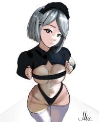 big_thighs eye_contact grey_hair lingerie maid maid_headdress marvin_weeb serious serious_look short_hair shy shy_girl silver_hair small_waist stockings underwear