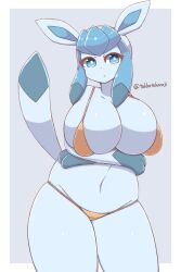 1girls 2023 anthro arms_under_breasts big_breasts bikini blue_eyes eeveelution female female_only generation_4_pokemon glaceon huge_breasts looking_at_viewer micro_bikini nintendo pokemon pokemon_(species) solo takkatakanoji thick_thighs