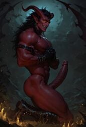 ai_generated demon devilworship horns kneeling large_penis male male_only muscular muscular_male praying red_body red_skin smiling_at_viewer