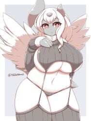 1girls 2023 absol anthro big_breasts female female_only generation_3_pokemon hand_on_chest hi_res huge_breasts light_blush long_hair looking_at_viewer nintendo pokemon pokemon_(species) red_eyes skimpy skimpy_clothes skindentation solo sweater takkatakanoji underboob virgin_destroyer_sweater white_hair wings