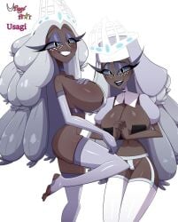 2girls amazon_prime angel angel_girl armwear big_breasts breasts cleavage dark-skinned_female dark_skin eye_shadow eyeshadow female glowing_face hand_on_breast hands_together hazbin_hotel huge_breasts humanoid large_breasts legwear looking_at_viewer mature_female nun nun's_habit nun_hat one_leg_raised one_leg_up open_mouth revealing_clothes sera_(hazbin_hotel) sideboob smile smile_at_viewer standing_on_one_leg tag usagi_star white_background white_void