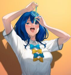 a1_(initial-g) arms_up blue_bow blue_bowtie blue_eyes blue_hair bow bowtie breasts collared_shirt commentary_request condom cum drinking_from_condom empty_eyes female gradient_background highres holding holding_condom large_breasts make_heroine_ga_oo_sugiru! orange_background revision school_uniform shirt solo tongue tongue_out upper_body used_condom white_shirt yanami_anna yellow_bow yellow_bowtie