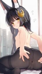 absurdres animal_ear_fluff animal_ears anus ass azur_lane black_hair black_pantyhose blush breasts commentary_request crotch_seam female fox_ears fox_girl hamiro highres indoors long_hair looking_at_viewer looking_back nagato_(azur_lane) nipples no_panties pantyhose sitting small_breasts solo spread_anus thighband_pantyhose topless wariza yellow_eyes