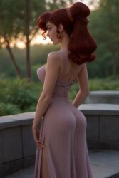 ai_generated ass bare_arms bare_shoulders blurry blurry_background blurry_foreground breasts brown_hair depth_of_field disney dress earrings female from_behind jewelry lips long_hair makeup medium_breasts megara outdoors purple_dress qbinr red_hair self_upload sleeveless solo standing tree