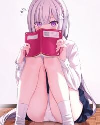 book emilia_(re:zero) panties purple_eyes re:zero_kara_hajimeru_isekai_seikatsu silver_hair white_hair white_panties