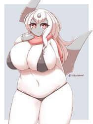 1girls 2023 absol anthro arm_behind_back big_breasts bikini curvaceous female female_only generation_3_pokemon hi_res huge_breasts light_blush long_hair looking_at_viewer nintendo pokemon pokemon_(species) red_eyes scarf slightly_chubby solo takkatakanoji white_hair